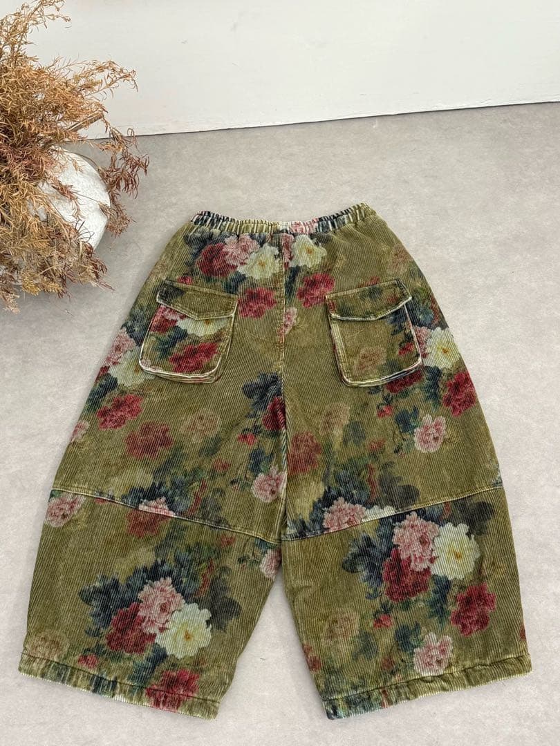 Tataナチュラル綿レディースベルベット中綿パンツ赤色緑２点セット