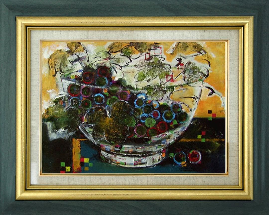 油絵 菅家令子絵 絵画インテリア額付(青緑＋金色の枠) uF6-061203果物