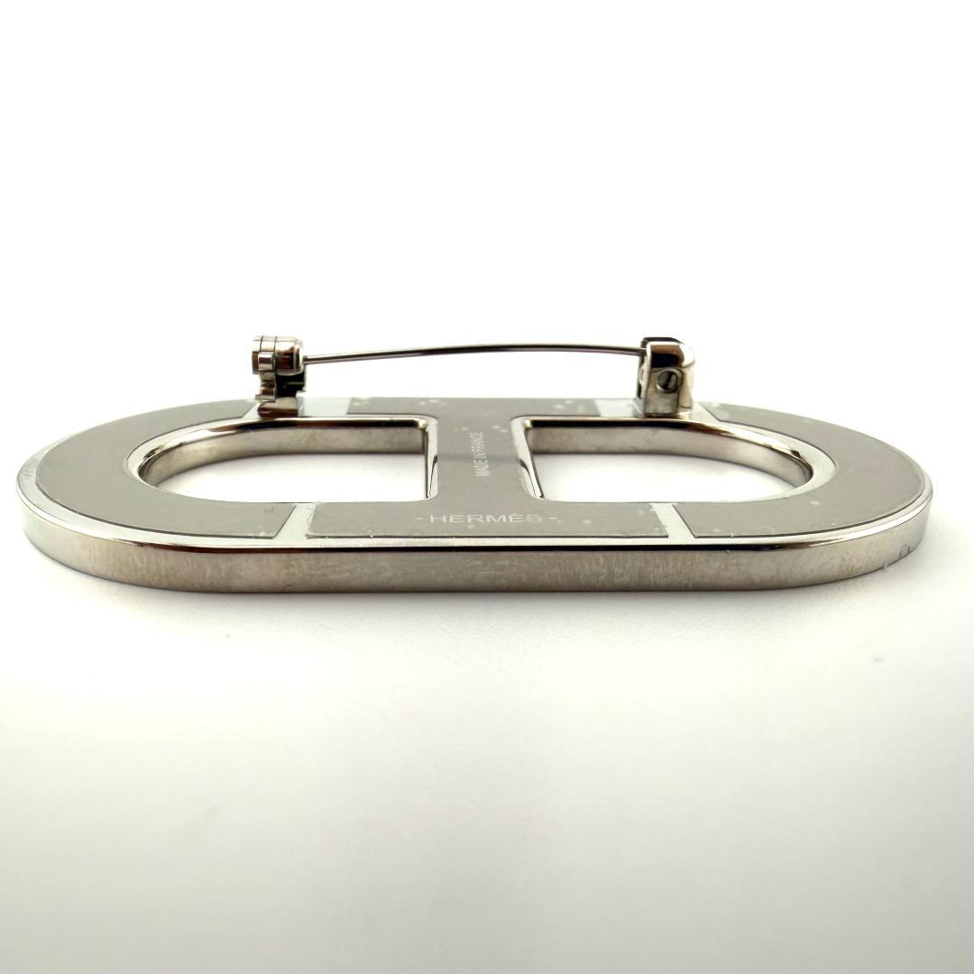 極美品 エルメス ブローチ シェーヌダンクル レザー 黒 ブラック 銀 シルバー