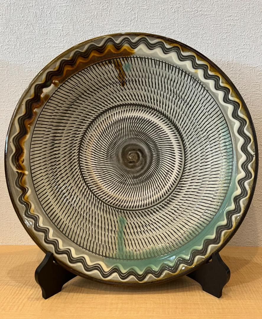 小鹿田焼　大皿41.5㎝　とびかんな　陶器　皿　皿立台付