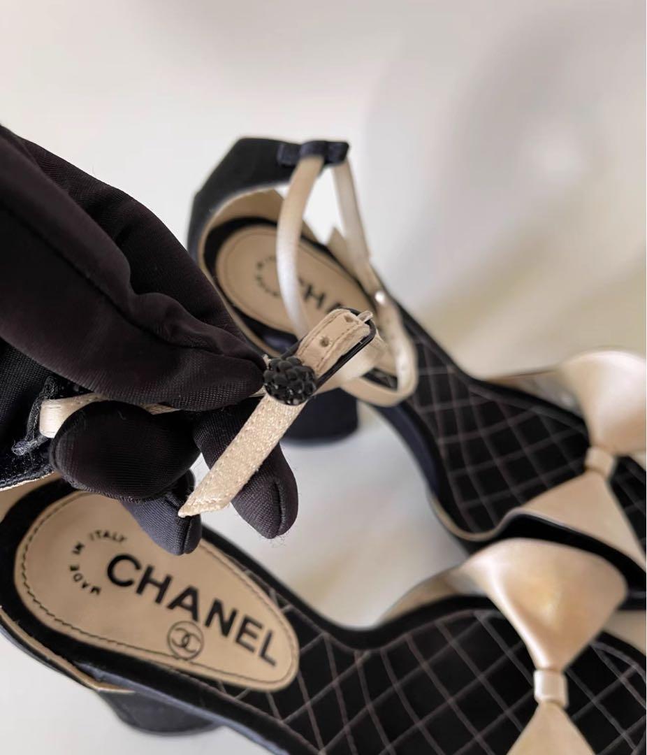 シャネルCHANEL リボン付きサンダル 中ヒール ブラック/アイボリー
