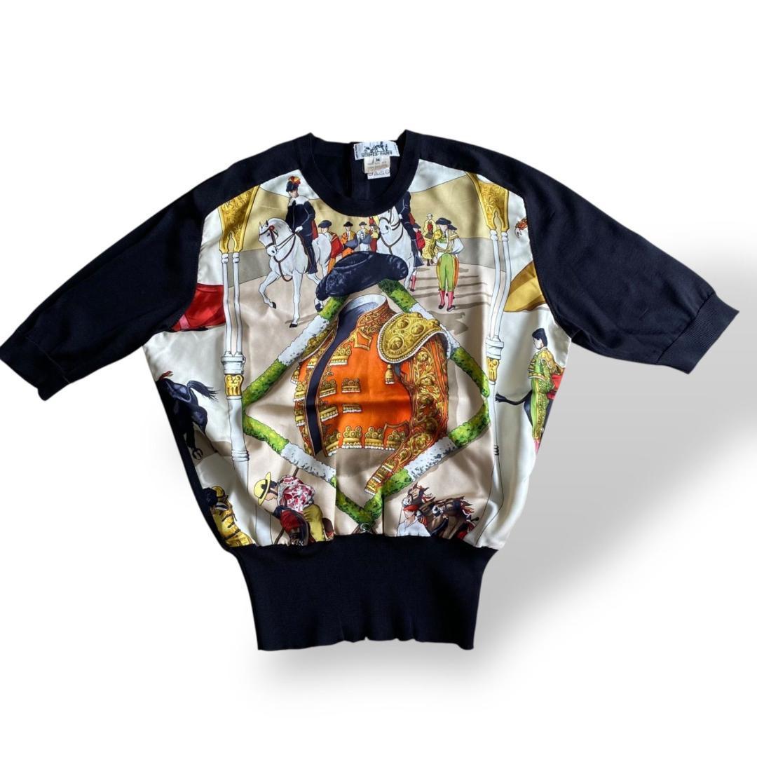 美品 HERMES エルメス 黒 半袖ニット シルク100％ サイズ38 乗馬