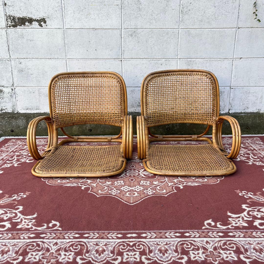 ビンテージ古家具◾️籐ラタン製 肘掛け付き 座椅子 ラタン家具 ナチュラル天然素材