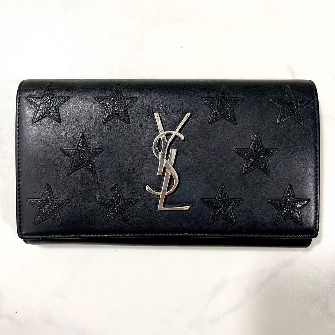 美品 Saint Laurent サンローラン 長財布 レザー 星 ロゴ金具 黒