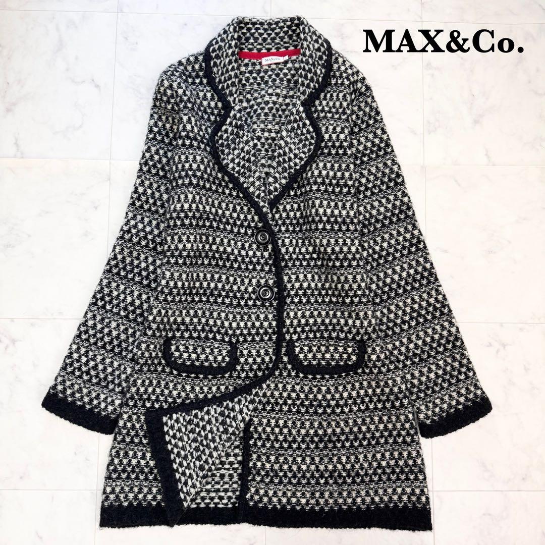 極美品　マックス&コー　ロングコート　ニットコート　総柄　黒　白　Lサイズ