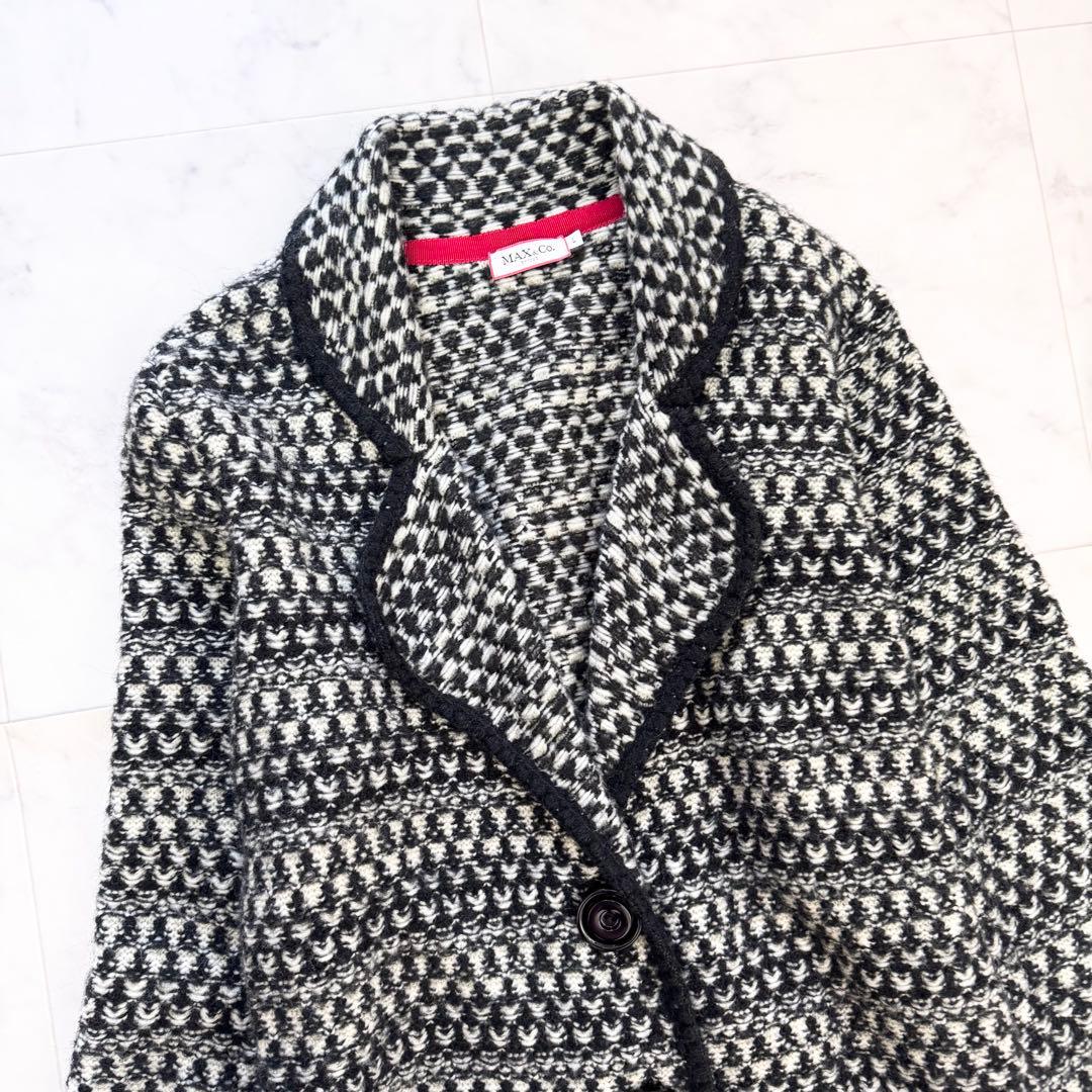 極美品　マックス&コー　ロングコート　ニットコート　総柄　黒　白　Lサイズ