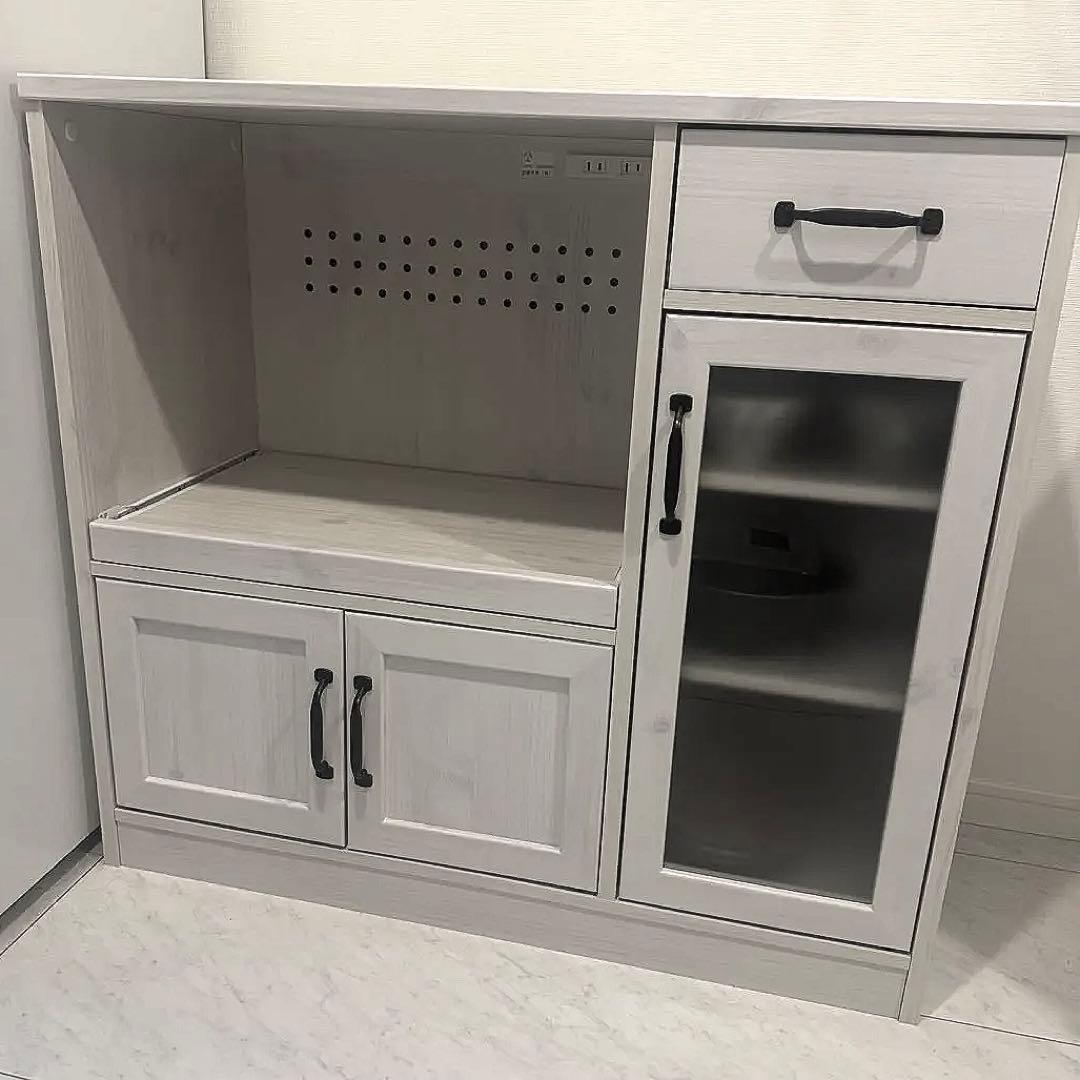 ホワイト食器棚 ガラス扉付き レンジ台 家電収納 【幅88】たのメル便