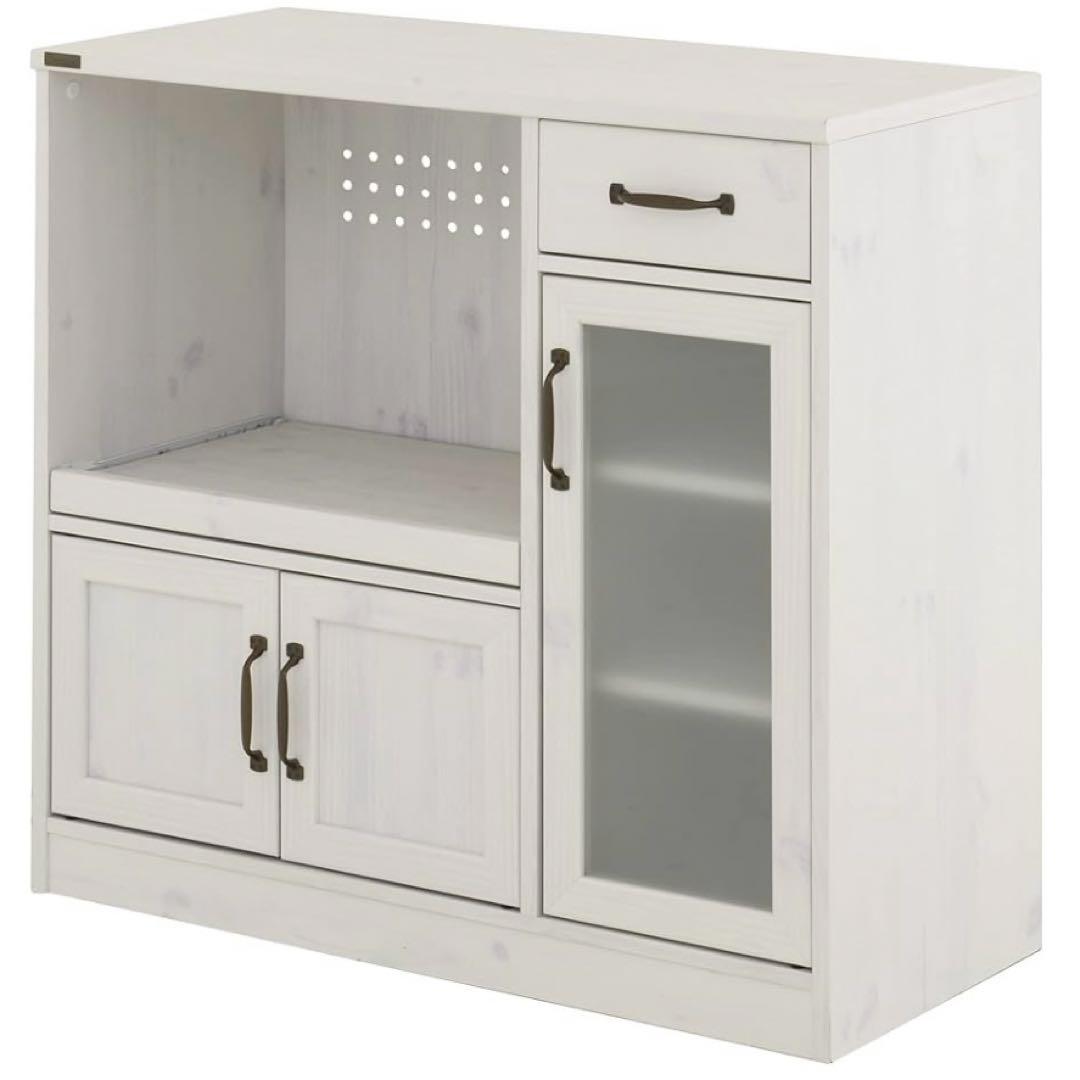 ホワイト食器棚 ガラス扉付き レンジ台 家電収納 【幅88】たのメル便