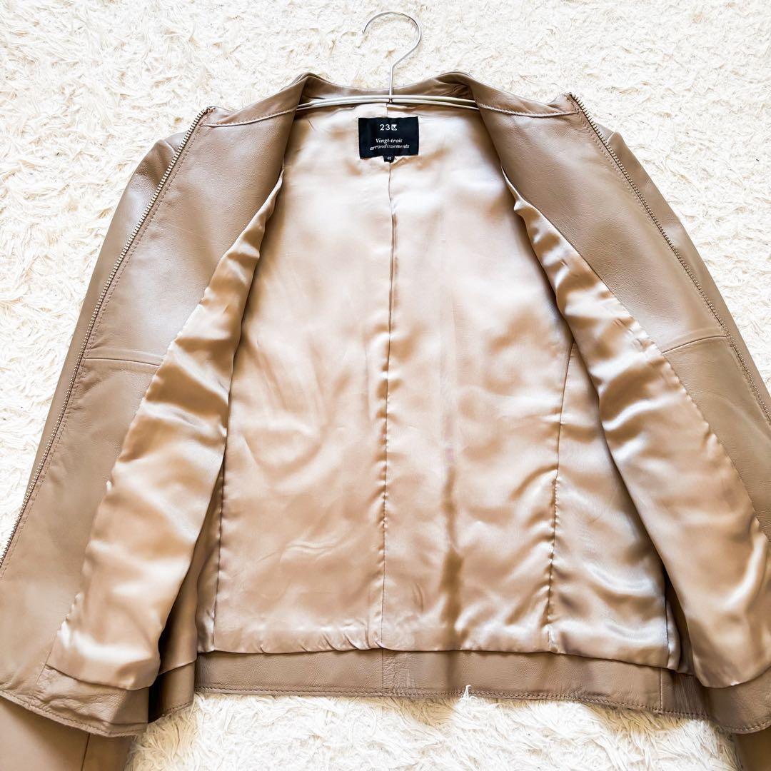 【美品】23区 ラムレザージャケット ノーカラー 羊革 40 大きめサイズ