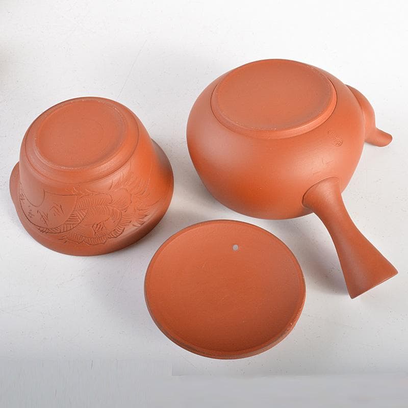 朱萬古焼　白雲陶園　朱泥　急須　湯冷　煎茶碗五客　煎茶器揃　共箱　6203C