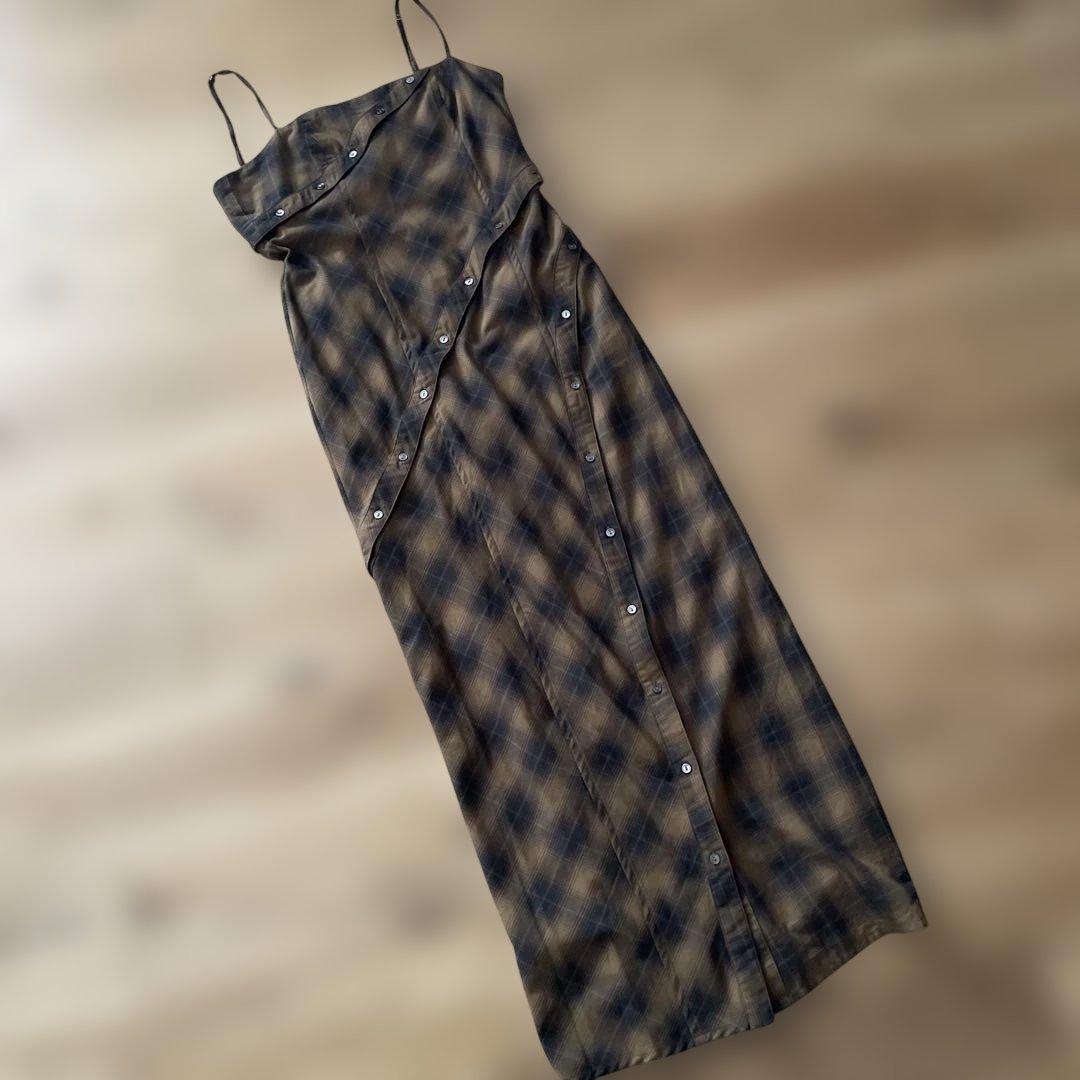 MAISON SPECIAL ボタンスリットチェックキャミワンピース　ブラウン