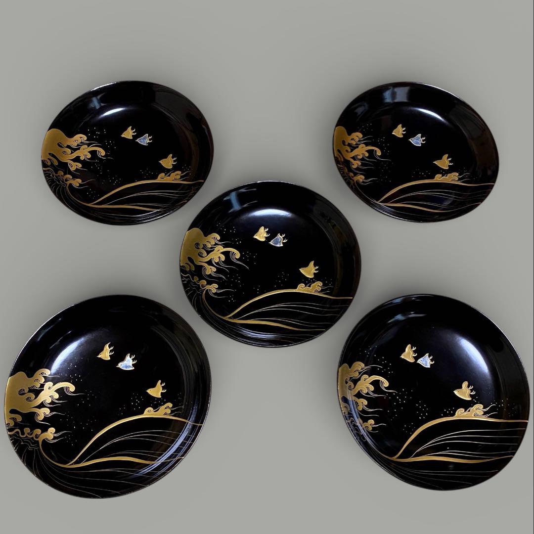 ◆時代 輪島塗 波千鳥 蒔絵 螺鈿細工 16cm皿 五客 銘々皿 菓子器