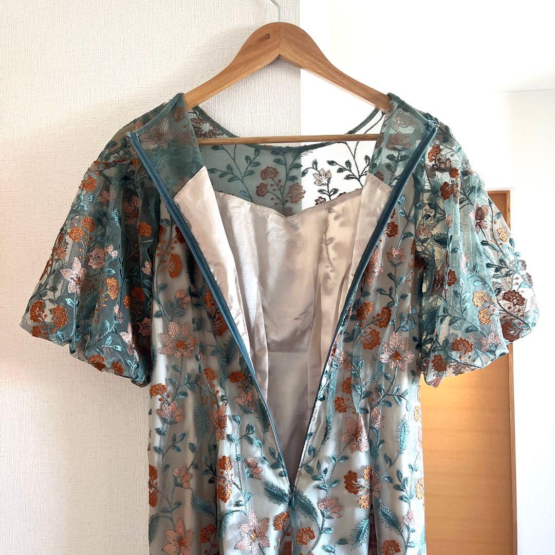 Mサイズ　パフスリーブ フラワー刺繍 フェミニン パーティー ドレス