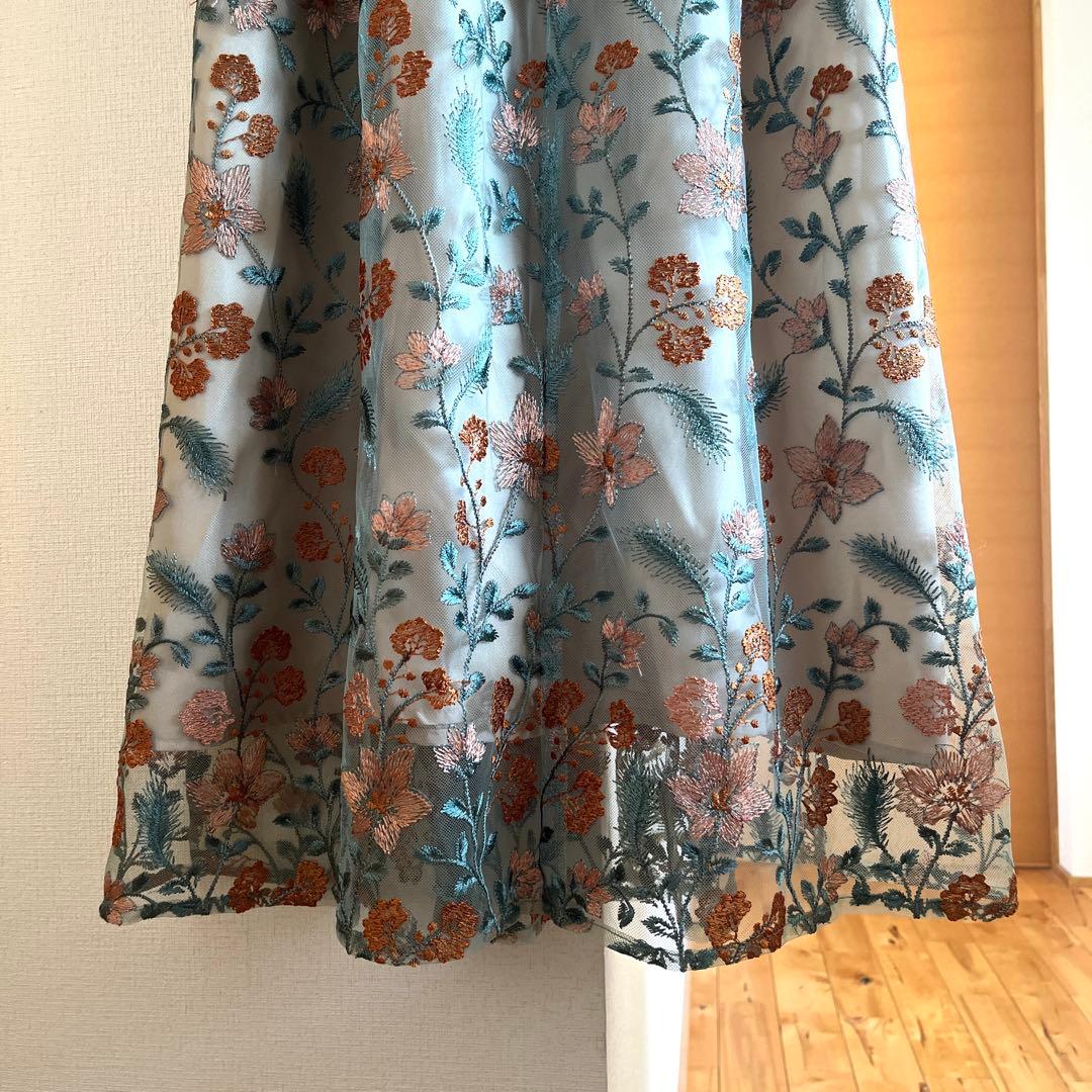 Mサイズ　パフスリーブ フラワー刺繍 フェミニン パーティー ドレス