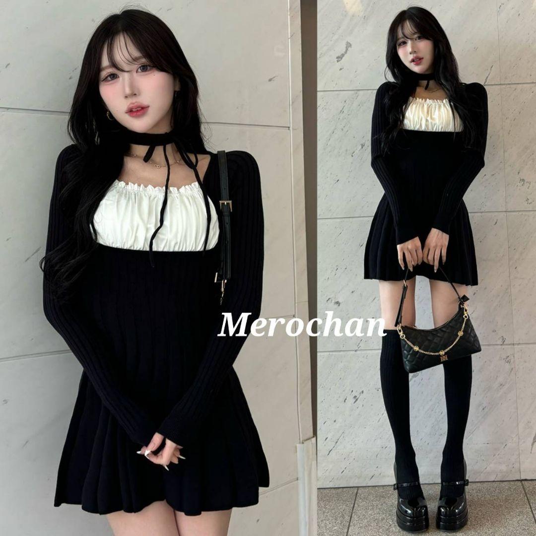 【新品】ダーリッチ ネックリボンデザインフレアニットミニワンピース 黒