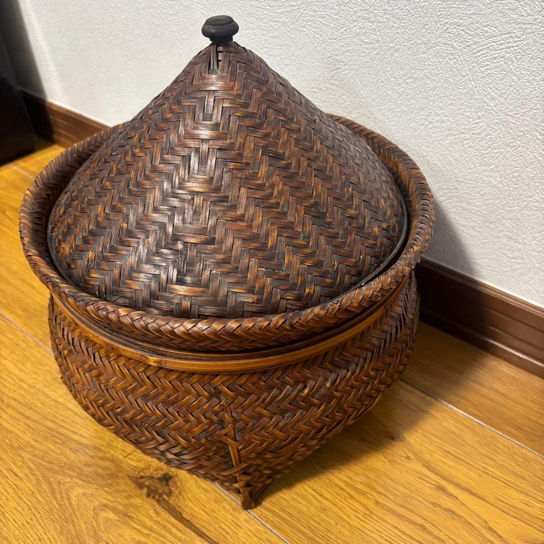 【良品】蓋付き　籠　アンティーク　竹細工　骨董　大小２個セット