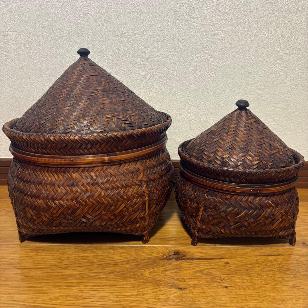 【良品】蓋付き　籠　アンティーク　竹細工　骨董　大小２個セット