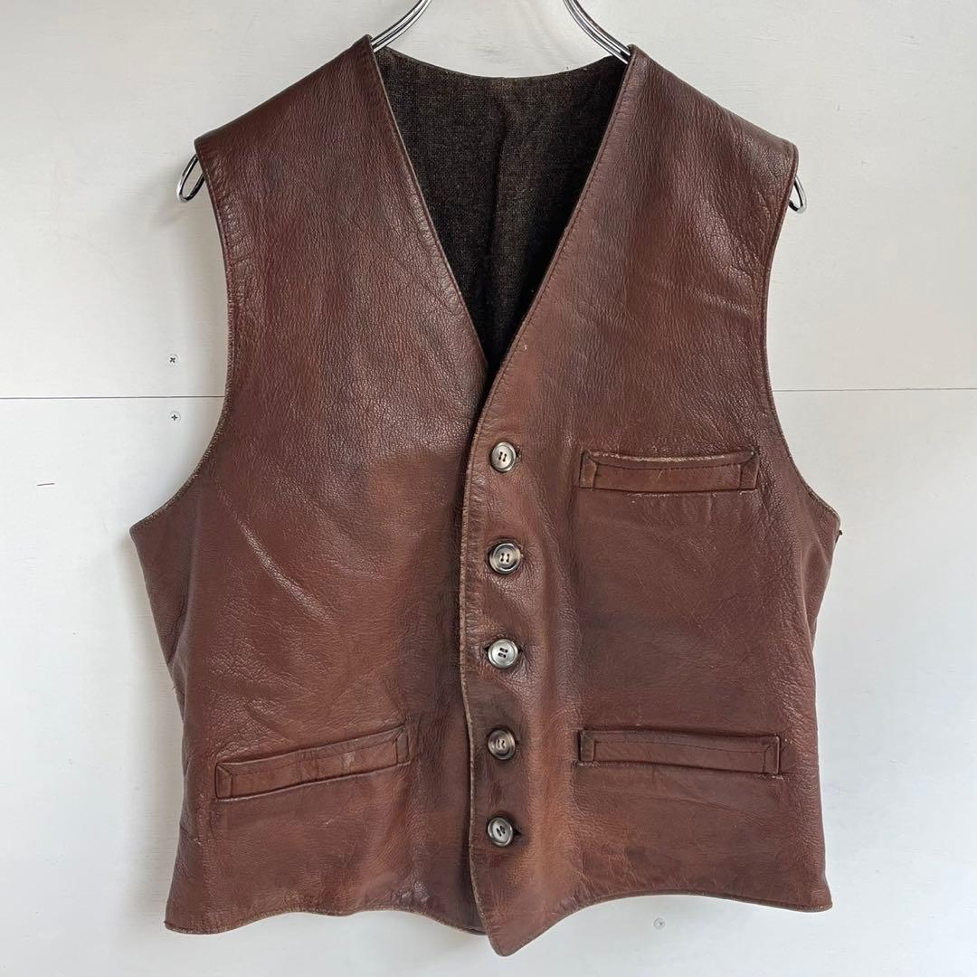 60s 70s ユーロ レザーベスト ヴィンテージレザー ヨーロッパ 古着 茶