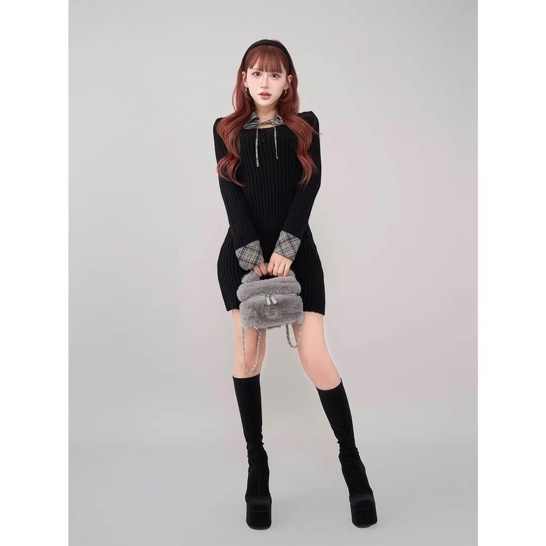 新品タグ付 ダーリッチ グレー レイヤードライクニットミニワンピース フリー