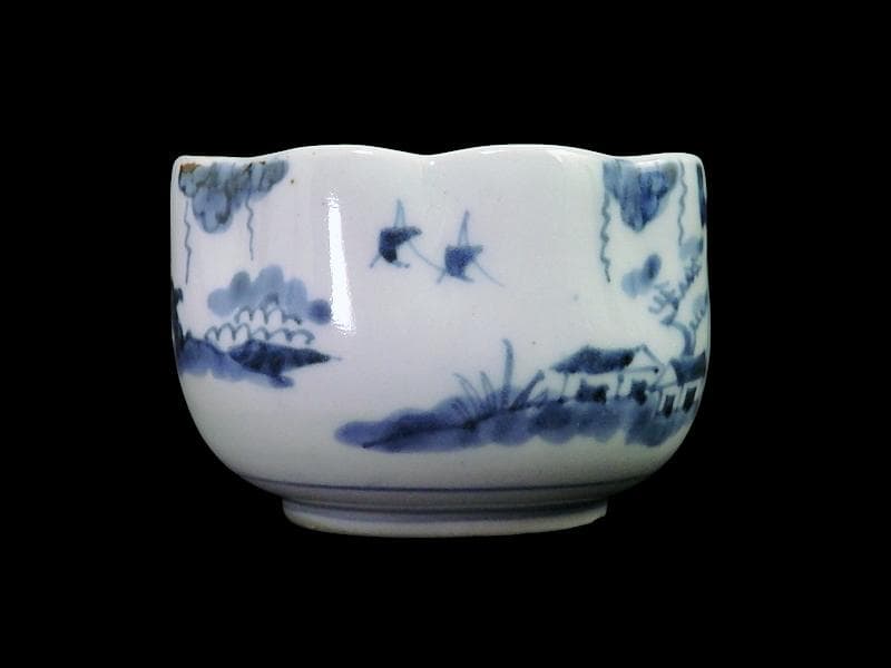 古伊万里　染付　山水の図　変形向付　２客　B072AS-fbvb