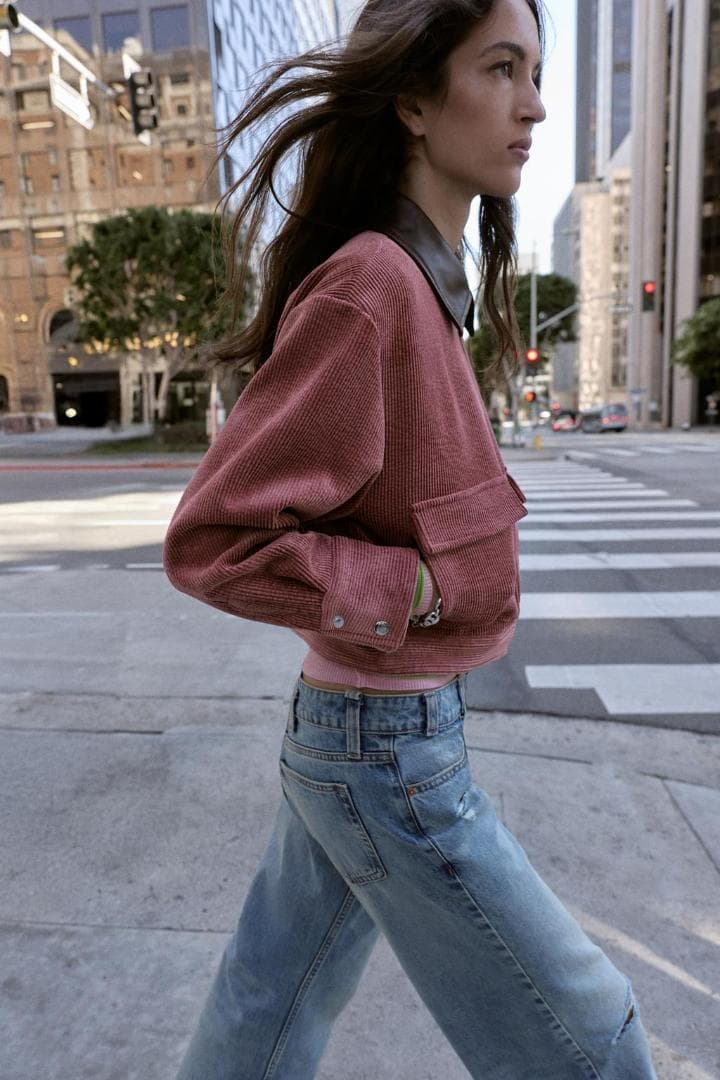 ZARA コーデュロイ フェイクレザー襟ジャケット マルサラ S