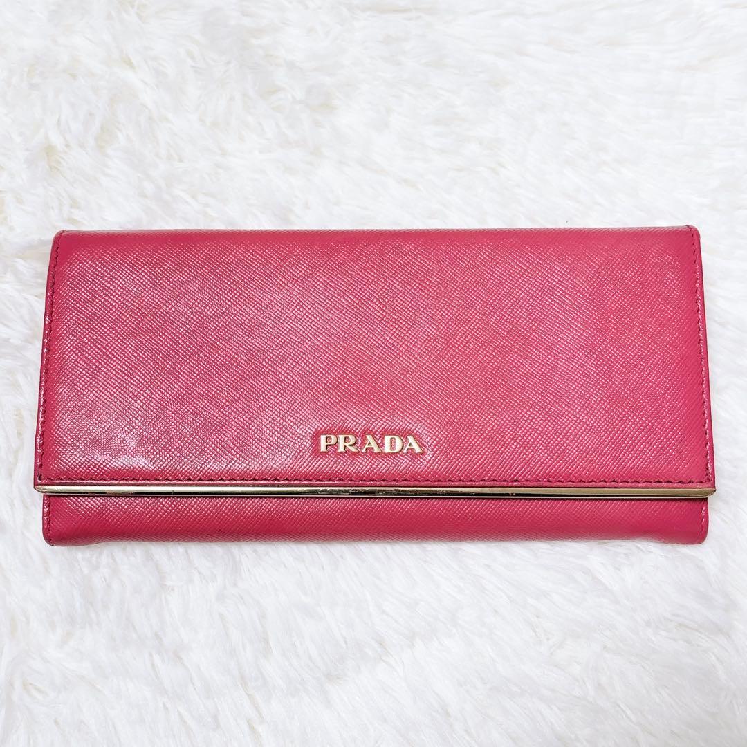 PRADA サフィアーノレザー 長財布 メタルロゴ ピンク パスケース付