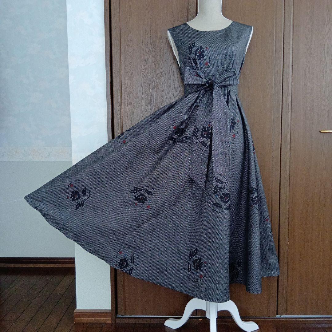着物リメイク＊黒泥系７マルキ本場大島紬＊ノースリーブテント型フレアーワンピース