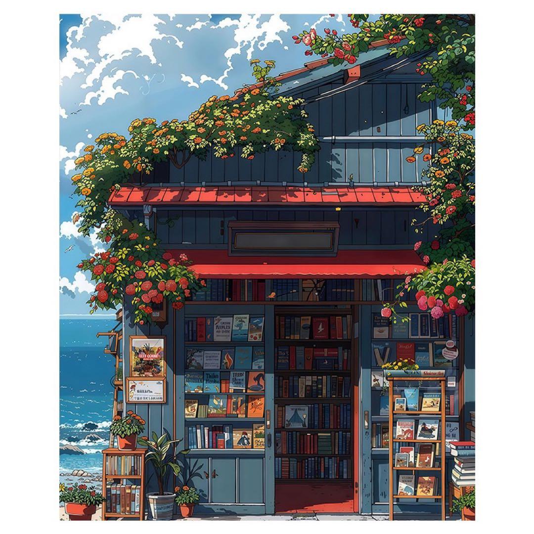 海辺の書店の風景画