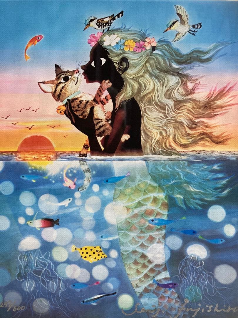 【美品】藤城清治「夕日の中の愛の奇蹟」キャンバスジクレー 直筆サイン 版画 絵画