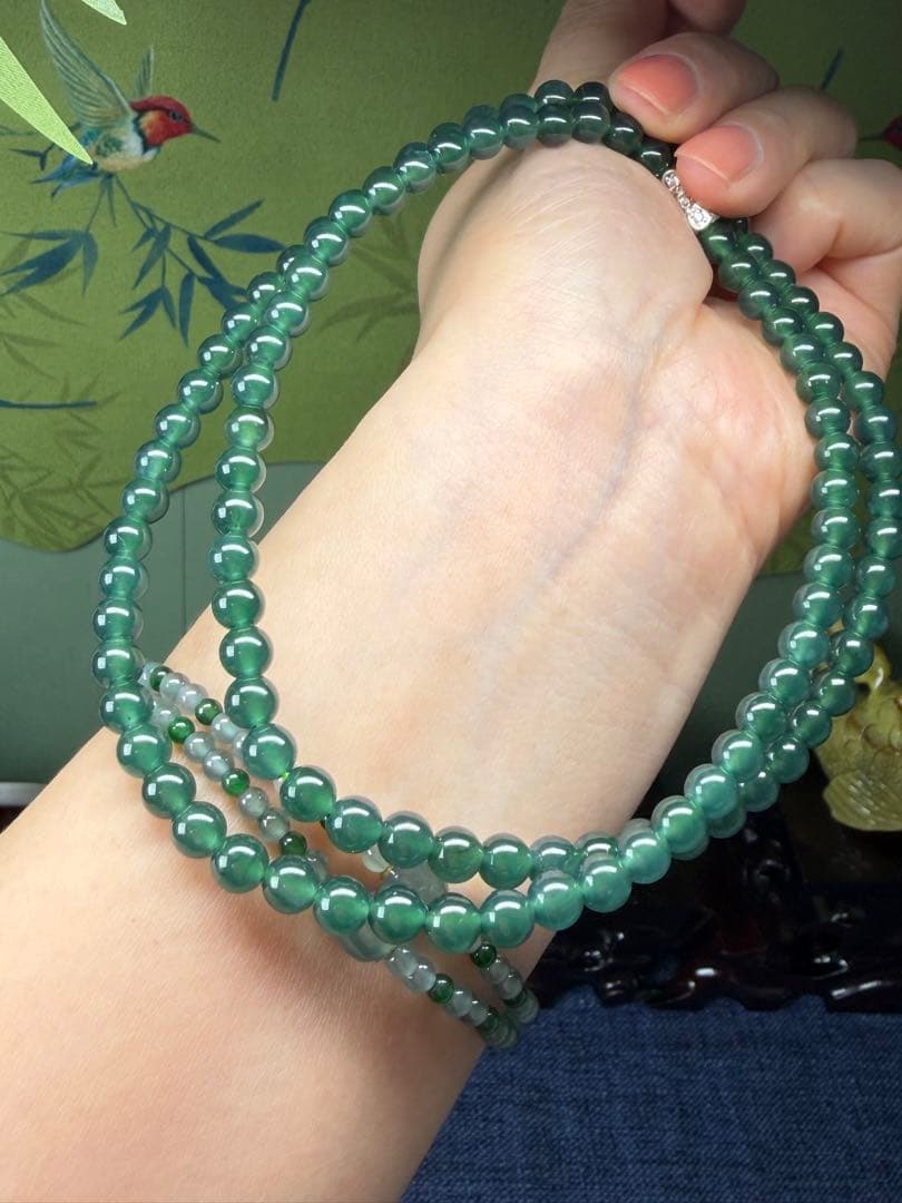 贅沢‼️天然本翡翠　高品質氷種藍緑色味翡翠一連ネックレス　鑑定書付き