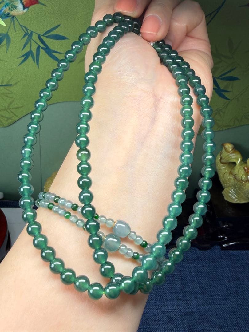 贅沢‼️天然本翡翠　高品質氷種藍緑色味翡翠一連ネックレス　鑑定書付き
