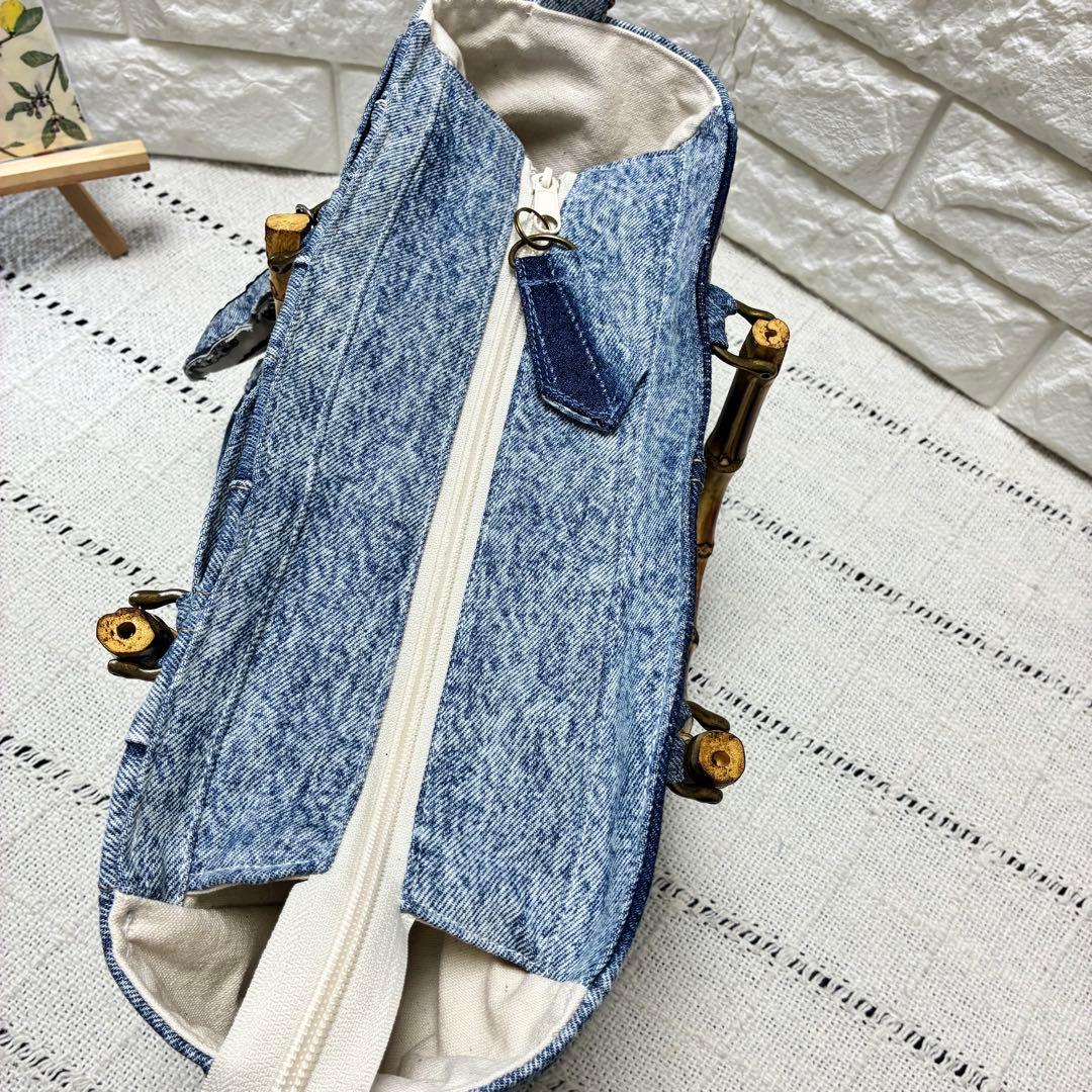 デニムリメイク　編み込みトートバッグ⭐︎バンブー持ち手⭐︎2連ハートチャーム付き