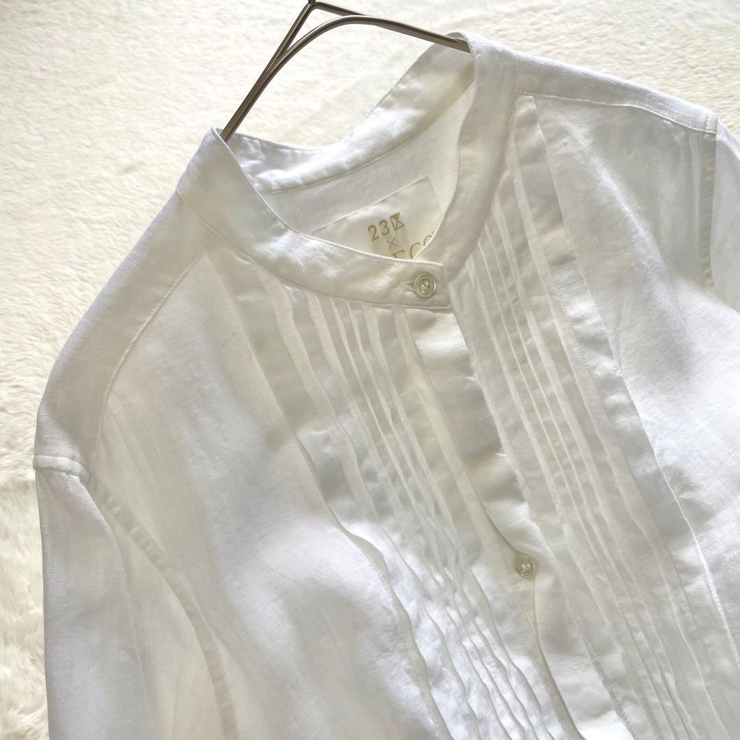 大きいサイズ 23区LIBECOリネンバンドカラーブラウス ピンタック 44白