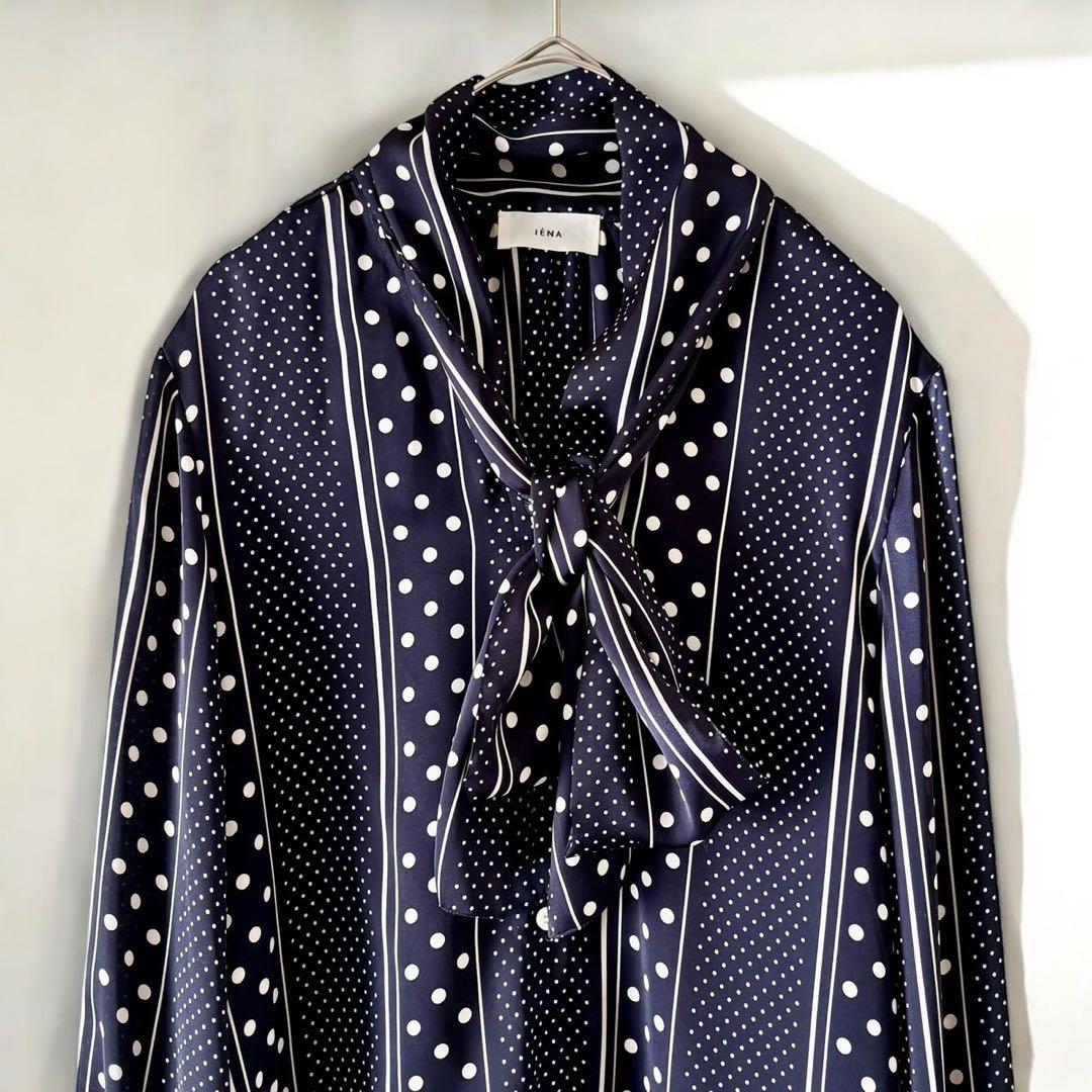 IENA イエナ ボウタイVネックブラウス ネイビー ドット柄 日本製