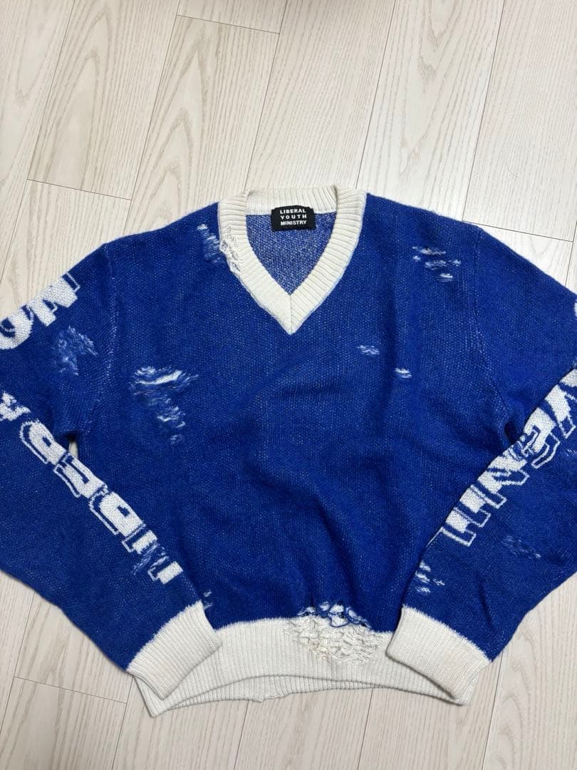 か*ね様 LIBERAL YOUTH MINISTRY ダメージニット青 ブルー