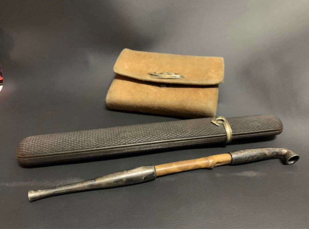【提物・根付・印籠】煙草入れ＆キセル入れ かます 巾着袋 骨董 喫煙具 煙管