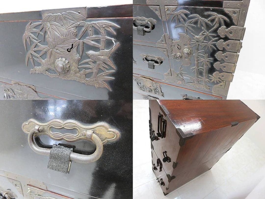 n*u様 黒漆時代箪笥　2段重ね　和箪笥/整理箪笥/着物箪笥　変わり金具/庄内箪