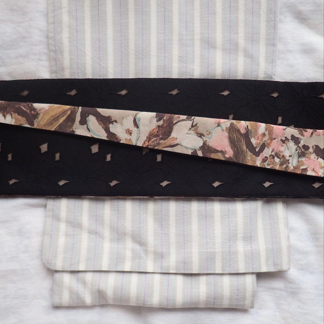 m*　ハンドメイド半幅帯No,48＋黒レース半襟　おまとめ