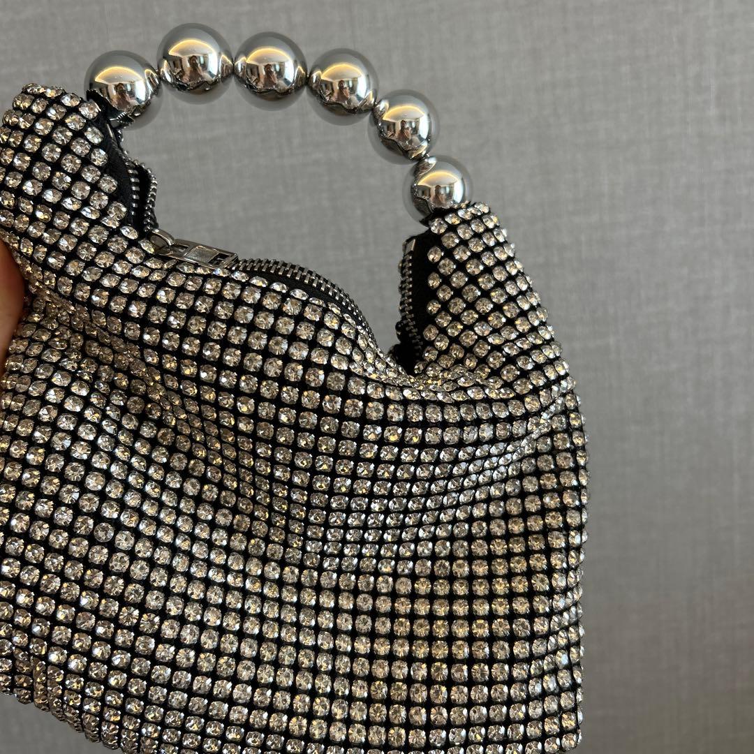 ラインストーンパールハンドルバッグ　パーティーバッグ　シルバー