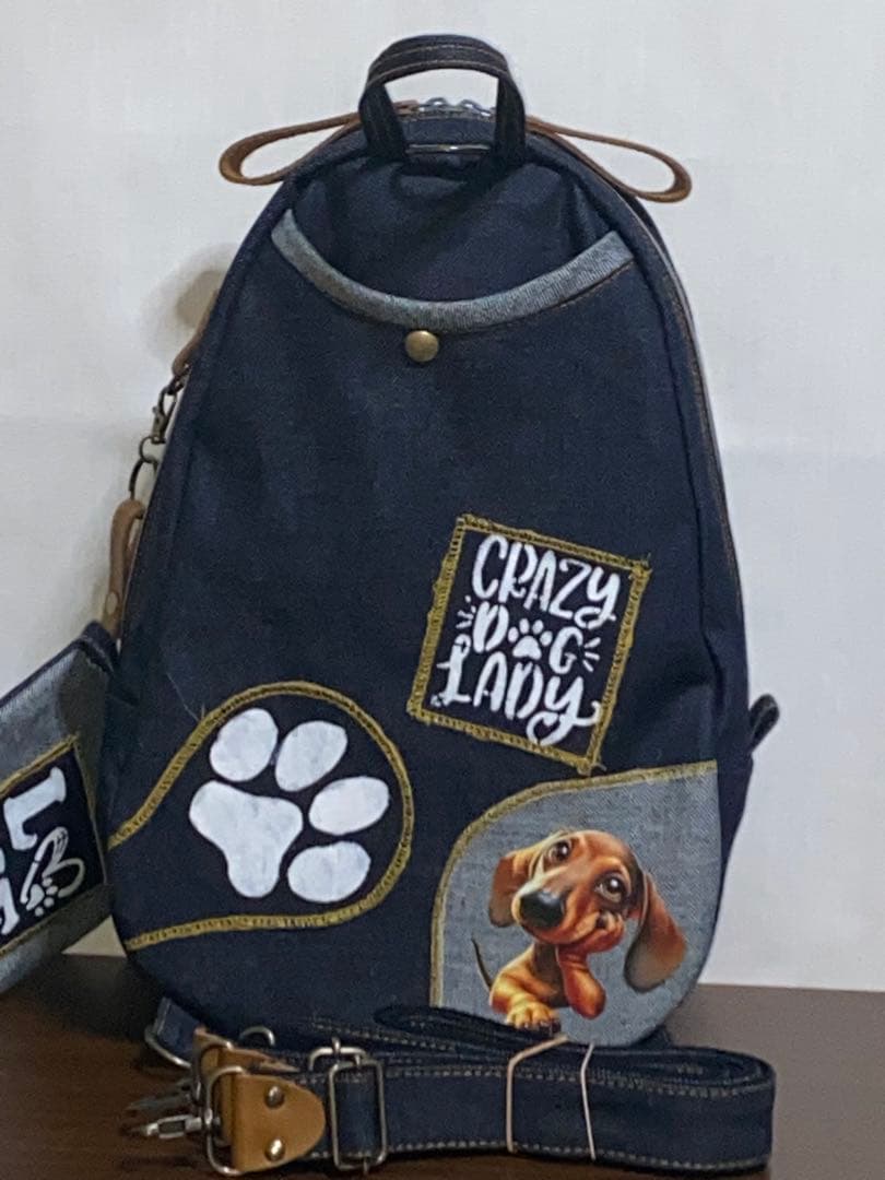 ダックスのプリントイラスト ショルダーバッグ ネイビー
