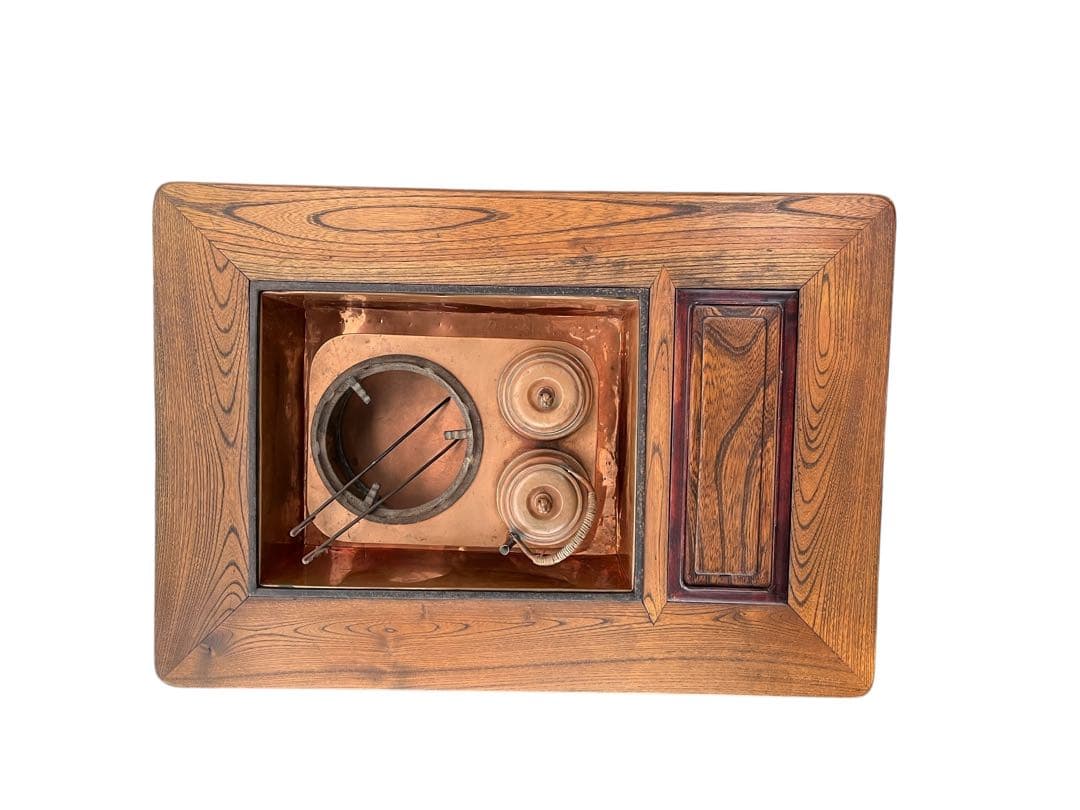 欅調 木製 長火鉢 銅板張り 引き出し付 囲炉裏火鉢 古民具