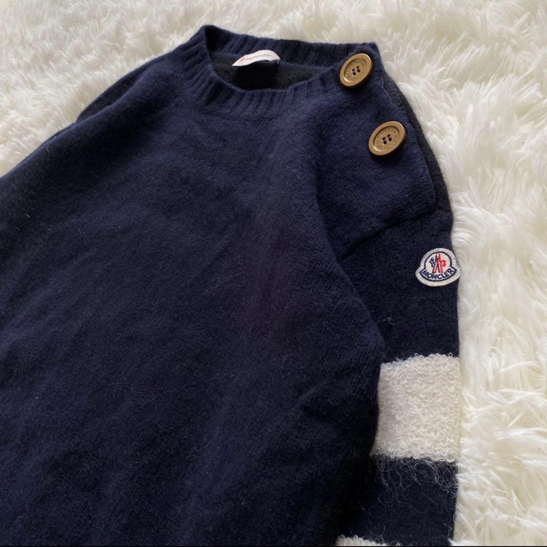 モンクレール モヘヤ混 ニット ロゴ ワッペン 刺繍 ネイビー ボタン セーター