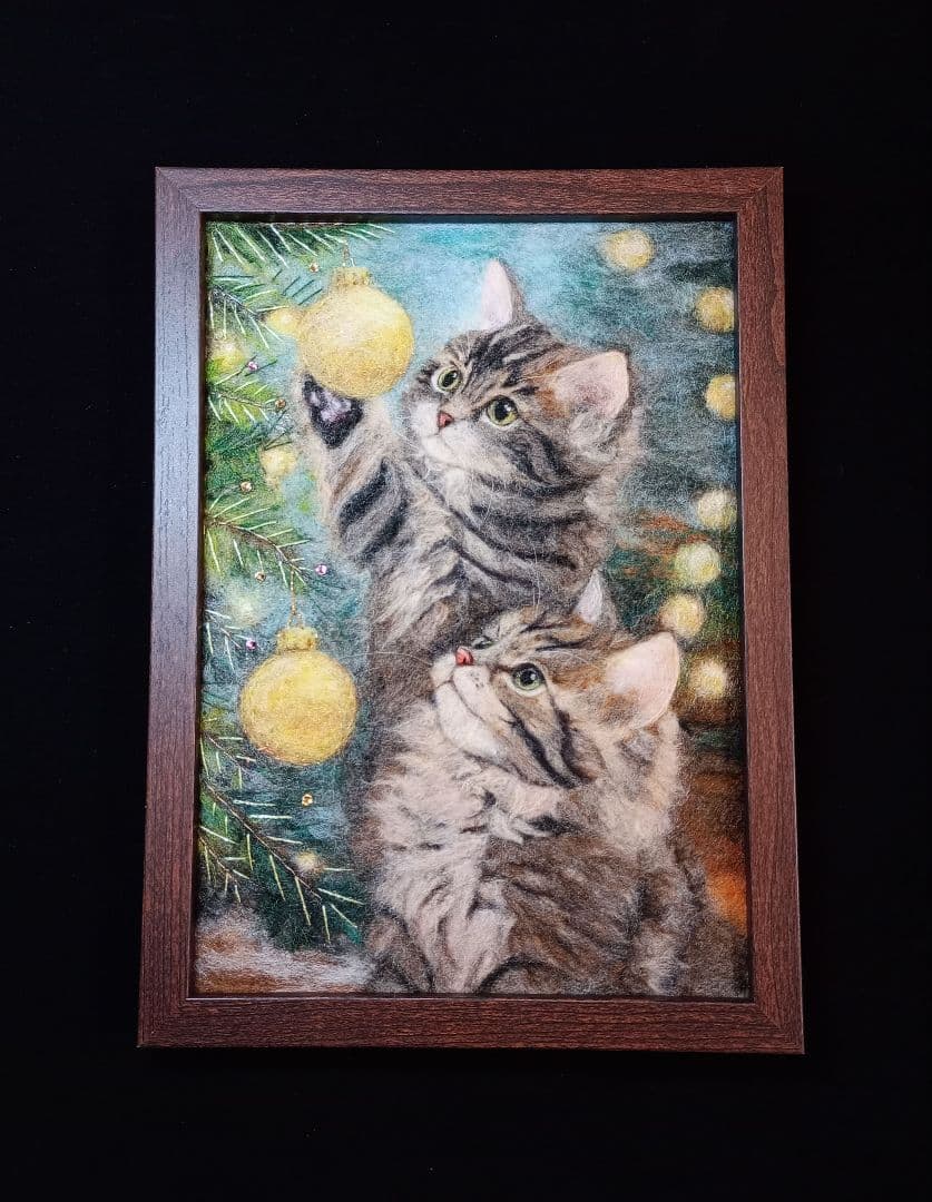 羊毛フェルト 絵画 「クリスマスのキラキラに夢中」