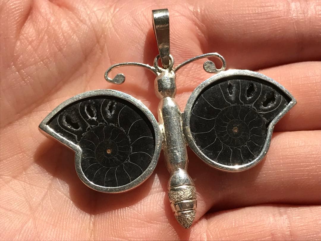 【限定出品】マダガスカル産　ブラックアンモナイト化石使用　ペンダントトップ　蝶々