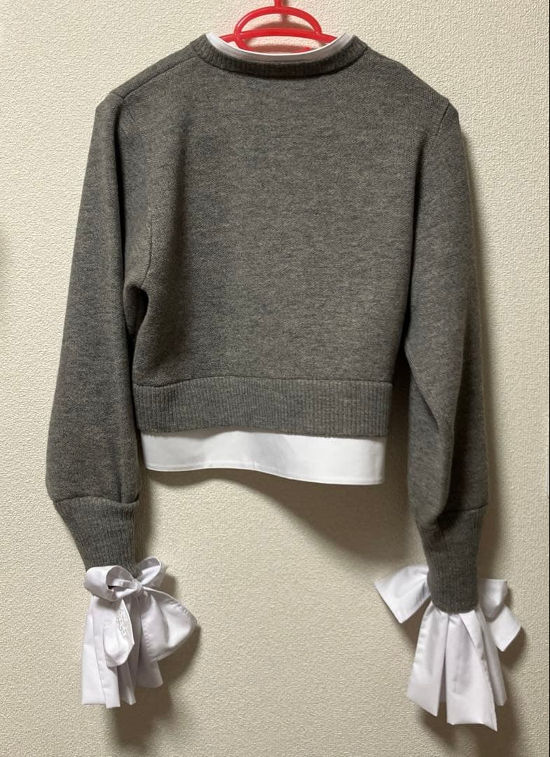 bibiyニットカーディガン リボン付き 長袖カーディガングレー