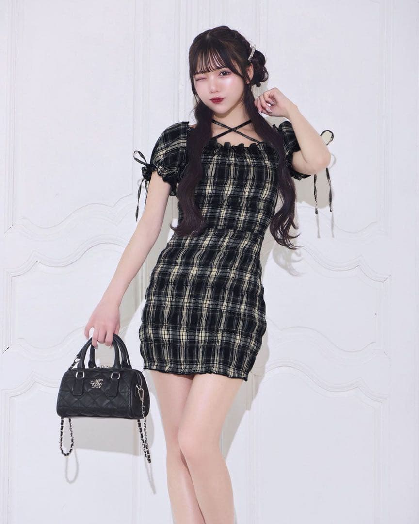 ミシェルマカロン シャーリングチェックミニワンピース フリーサイズ