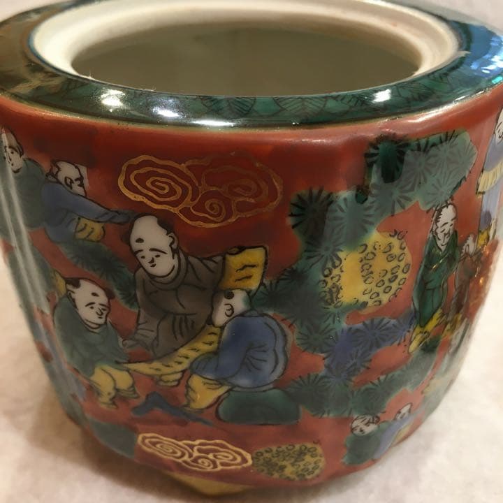 九谷焼　香炉　唐子　唐絵　すかし蓋付き　木箱付き　昭和　レトロ　床の間　金彩