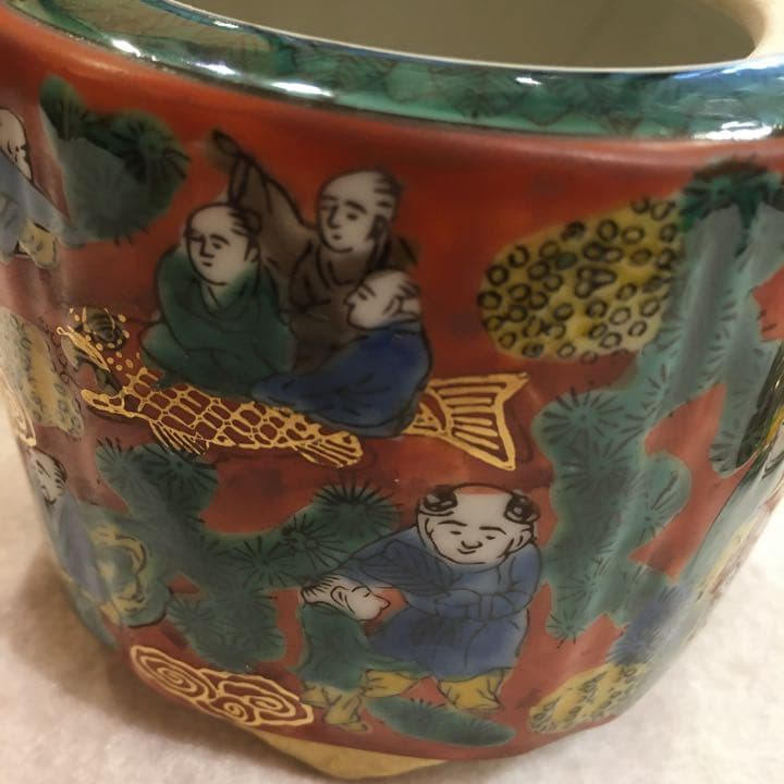 九谷焼　香炉　唐子　唐絵　すかし蓋付き　木箱付き　昭和　レトロ　床の間　金彩