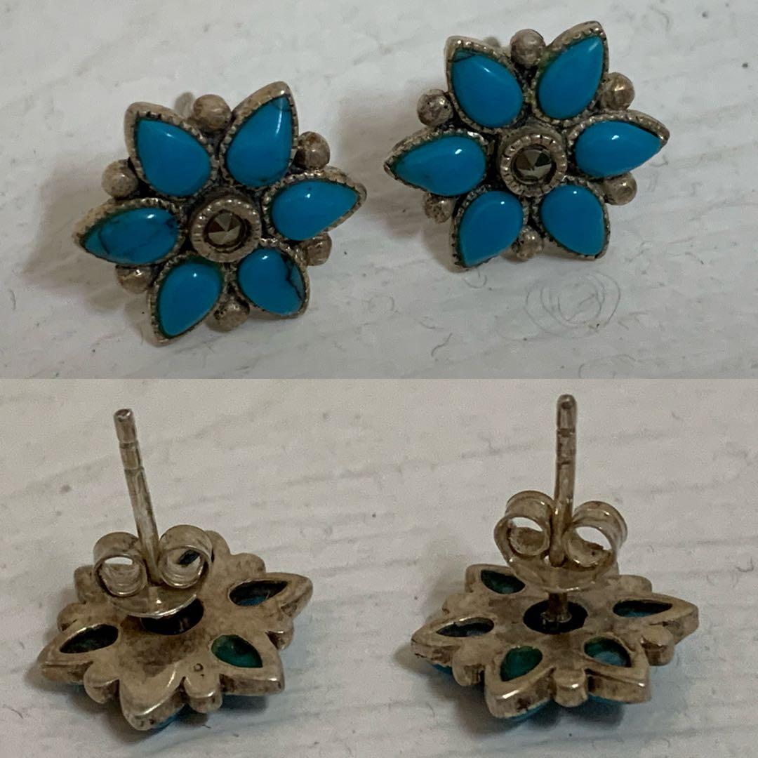 VINTAGE SILVER 925刻印 ターコイズ マーカサイト装飾 ピアス