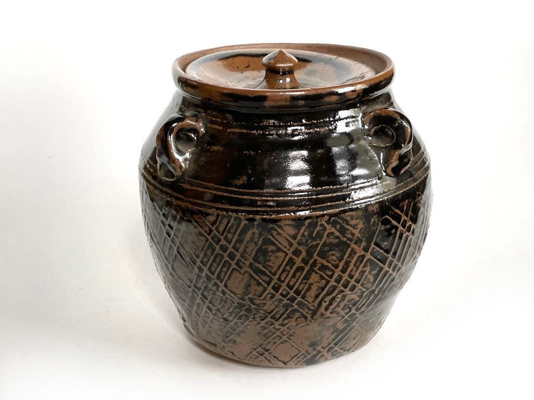 陶芸家　人間国宝　濱田庄司　浜田庄司　？　鉄釉　文打　水指　茶道具　箱なし